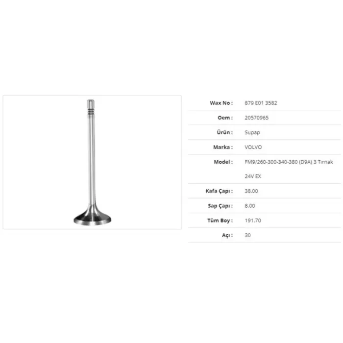 Subap Egzoz Volvo FM9/260-300-340-380(D9A ) 3 Tirnak 24V 38KX8SX191,7BX30A (12ADET) | WAX 879 E01 3582 | OEM 20570965 20570965