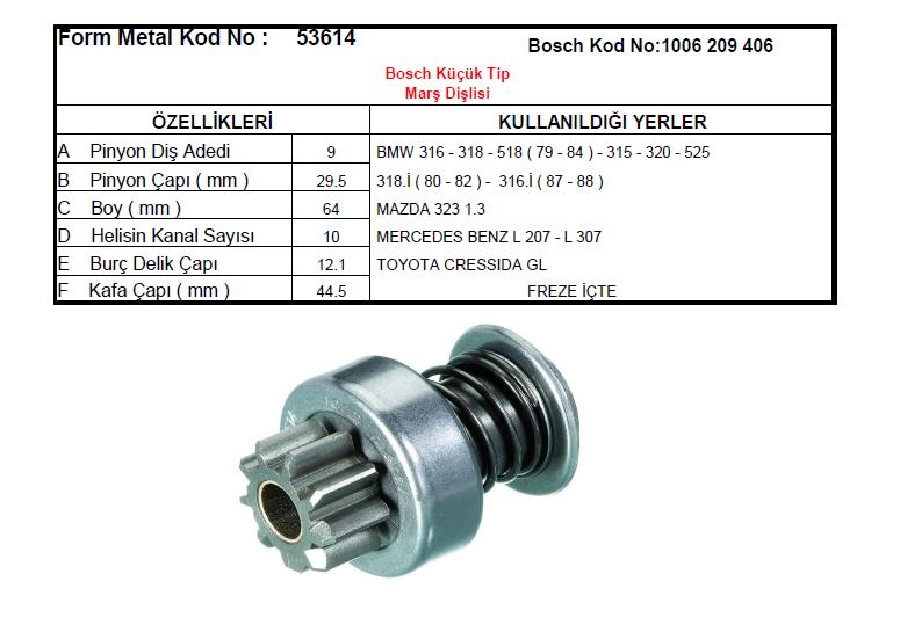 Marş Dişlisi 9D - Bosch Tipi Mazda 323, BMW 3.15-3.16-3.18-3.20-5.18-5.25, Mercedes, Toyota | OEM 53614