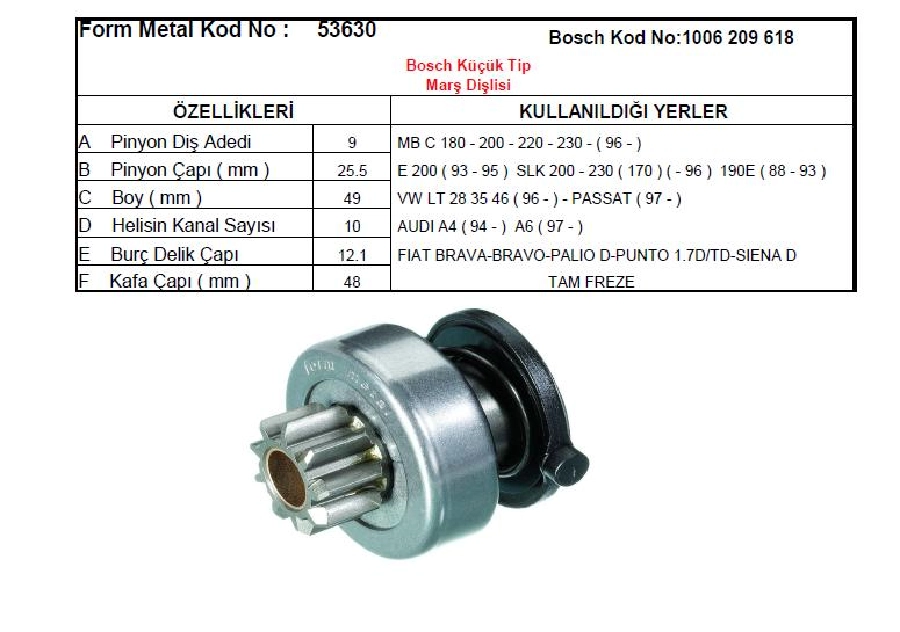 Marş Dişlisi 9D Bosch Tipi (0925) Audi-Daewoo-Fiat-Mercedes Vito, Brava, Palio-Punto | OEM 53630