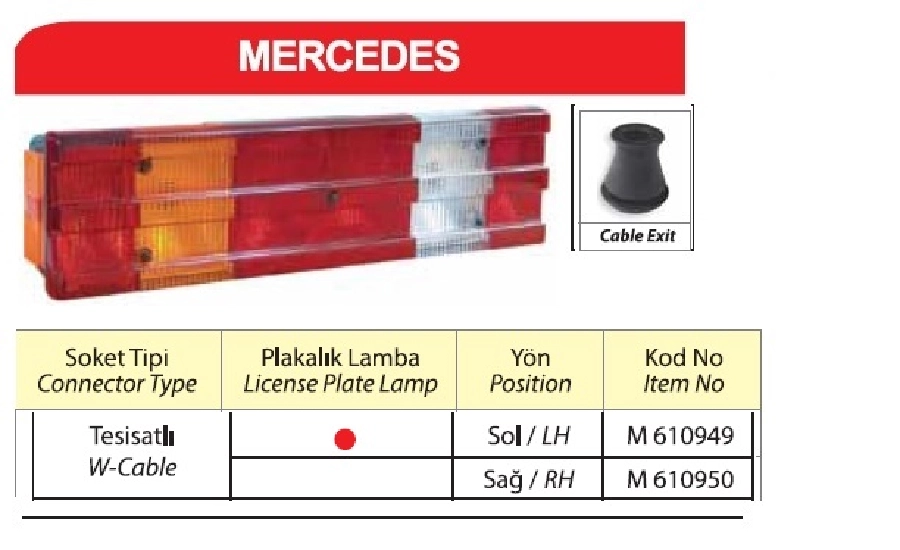 Stop Lamba Mercedes Actros, Plakasız Tesısatlı | OEM M610950