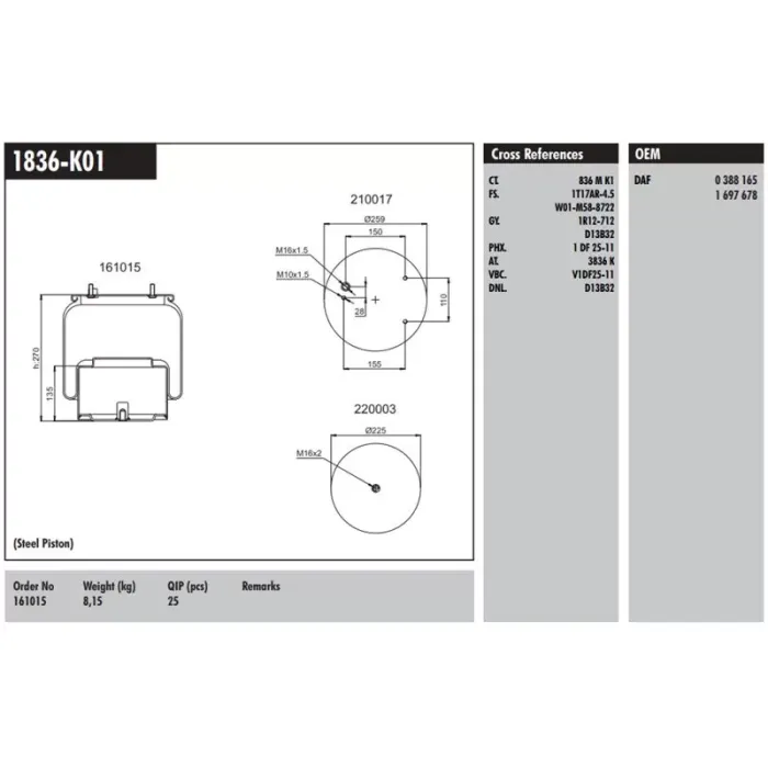 Dingil Korugu Komple Metal Pistonlu - DAF / XF95 97>06 XF 12> XF105 05> CF65 CF75 CF85 98>13 | CONNECT MD 1836-K01 | OEM 1697678 0388165 1529833