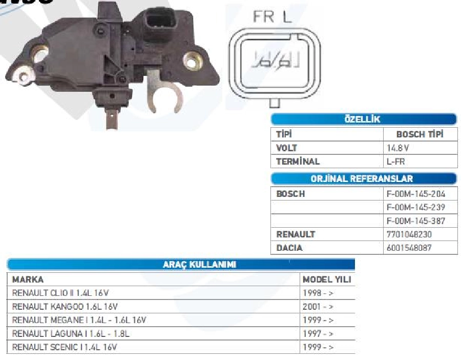 Konjektör Bosch Tipi 12V Renault Clio 2 - Kango - Megane - Logan 2 Fişli ( L-Fr ) Uçlu | OEM TRS.YR.IB239