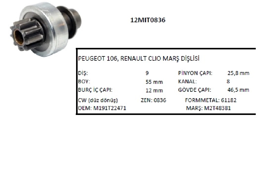 Marş Dişlisi 9D Mitsubishi Tipi Peugeot 106, Renault Clio Dacia Sandero, Logan 1,4-1.6 2005 ve sonrası | OEM 12MIT0836