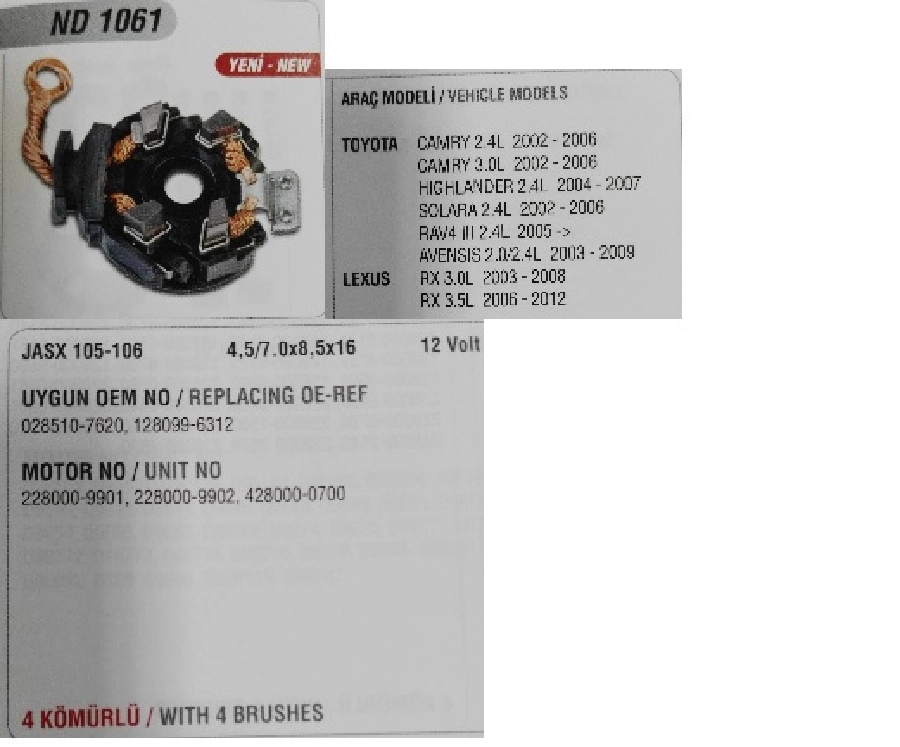 Marş Kömür Yuvası 12V Denso Tipi Toyota Avansis 2000 D Camyry 3.0 V6 JASX105, 106 (Uygun Kömür:JASX105 | OEM ND1061
