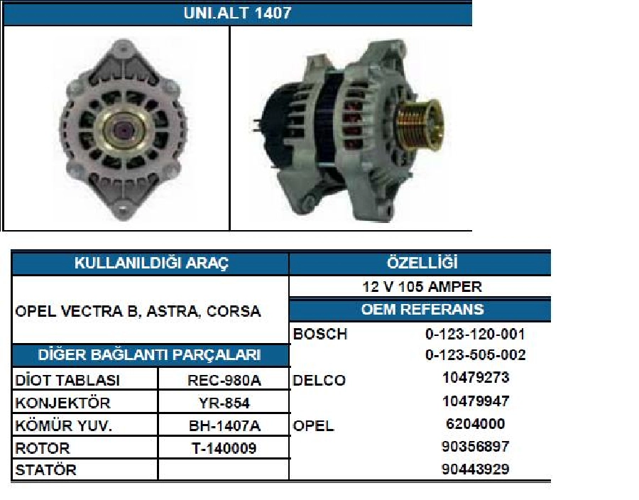 Alternatör 12V 105A Delco Tipi DİNAMO1 Opel Vectra, Astra, Calibra, Frontera, Omega, Tigra 6 Kanallı Kasnak | OEM LEA0172