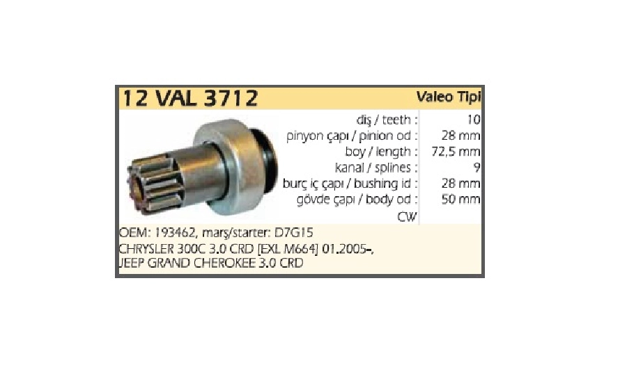 Marş Dişlisi 10D Valeo Tip - Mercedes Vito Sprinter Chrysler 300C 3.0 Crd-Jeep Commander 3.0 Crd 2005 | OEM 12VAL3712