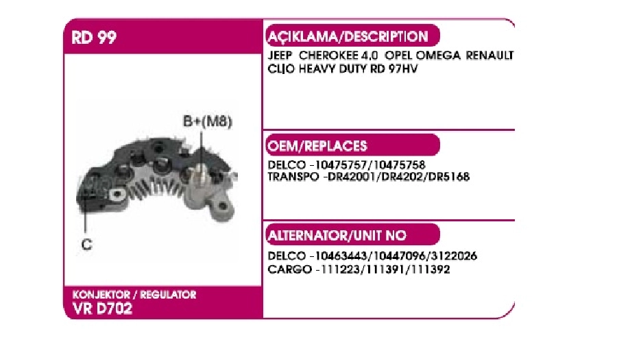 Diyot Tablası Delco Tipi Jeep Cherokee 4.0, Opel Omega, Renault Clio (Heavy Duty) (Rd 97HV) | OEM 02940