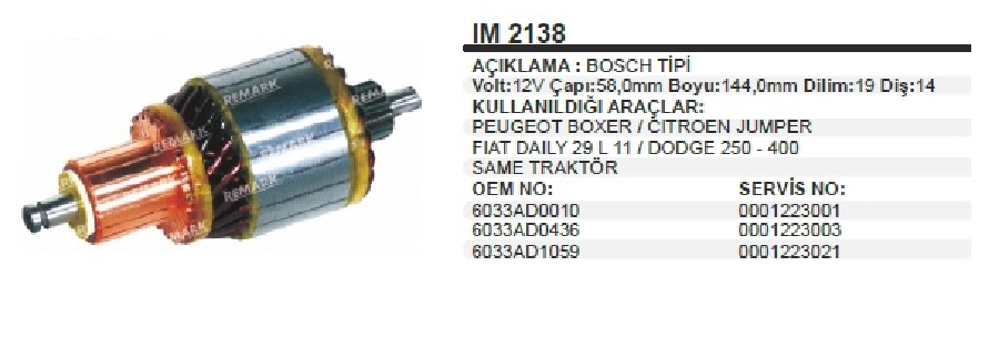 Marş Kollektörü 12V Bosch Tipi TT50 New Holland Peugeot Boxer Citroen Jumper Fiat Daily Dodge 250-400 Sam | OEM IM2138