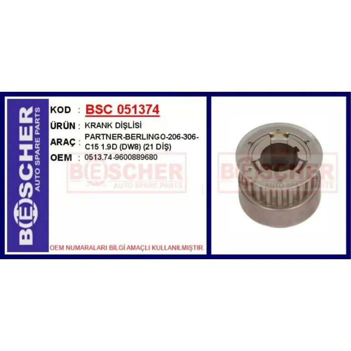 Krank Dislisi Partner Berlingo P206 P306 C15 1.9D (DW8) (21 Dis) | BSC 051374 | OEM 0513.74 9600889680