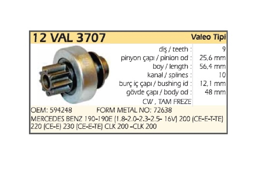 Marş Dişlisi 9 Diş, Cw Mercedes 190-190E (1.8-2.0-2.3-2.5- 16V) 200, 220 (Ce-E) 230 (Ce-E-Te) Clk 2 | OEM 12VAL3707