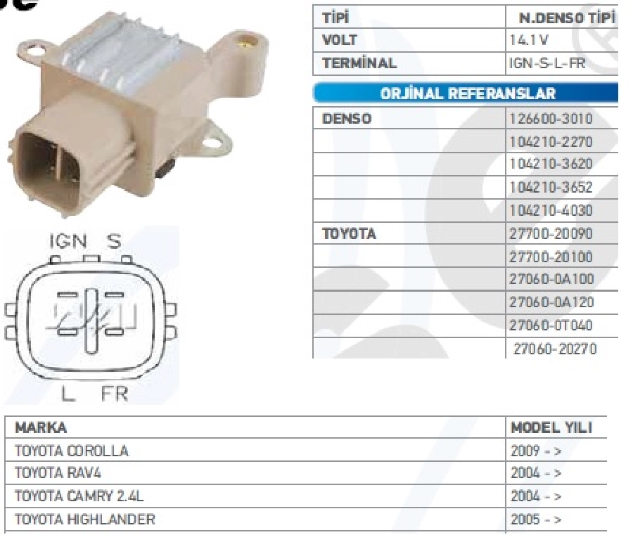 Konjektör Nippon Denso Tip 12V.(14.1V) Toyota Corolla 2009 ve sonrası Camry 2.4 ( 2004-2006), Lexus (2004-2006) (Ig | OEM VRH2005-85
