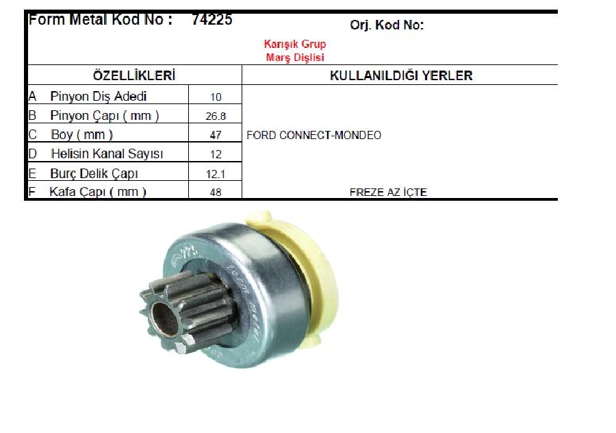 Marş Dişlisi Motorcraft Tipi 10 Dış 1.01.824.1 Ford Focus 1.8-2.0, Mondeo 1.6-1.8-2.0-1.8D, Connect | OEM 74225