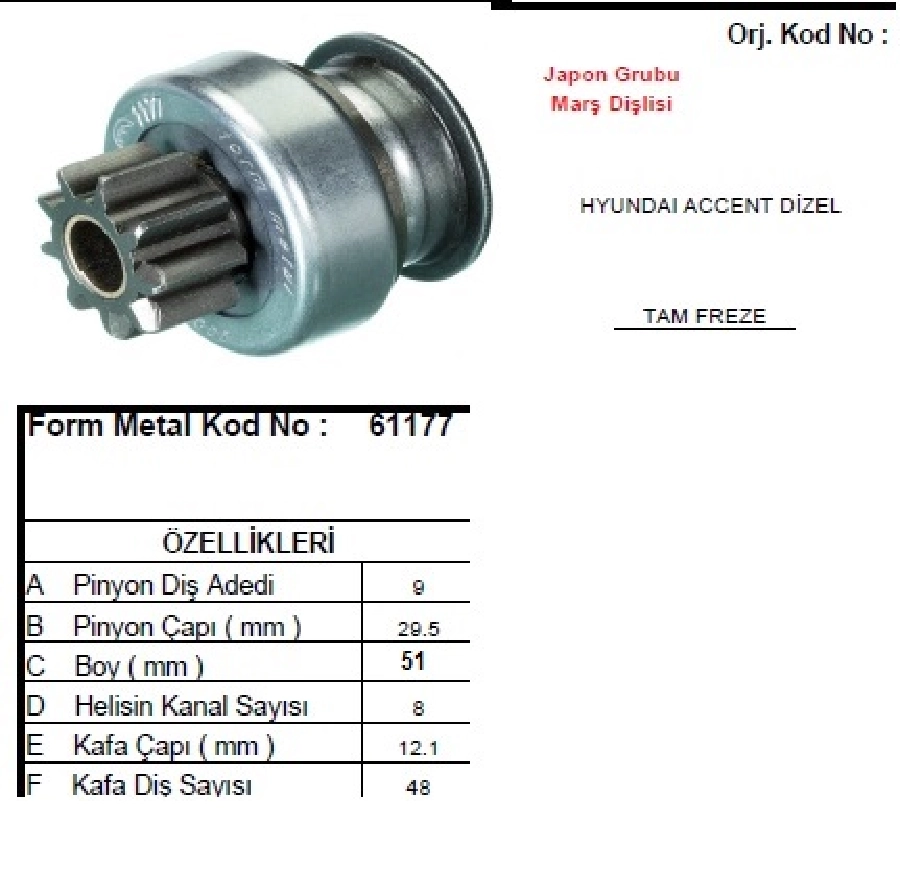 Marş Dişlisi Mitsubishi Tipi 9 Dış M191T12871 Hyundai Accent 1.5 Dizel (617) Etnaur 2000- 2005 | OEM 61177