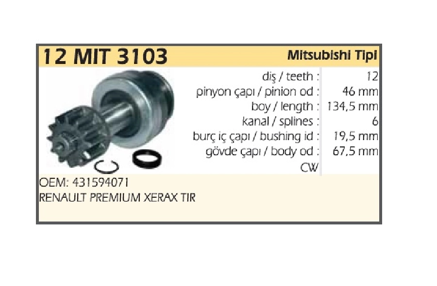 Marş Dişlisi 12 Diş Mitsubishi Tipi, Cw Renault Tır Premium Xerax Tır, Ford Cargo | OEM 12MIT3103