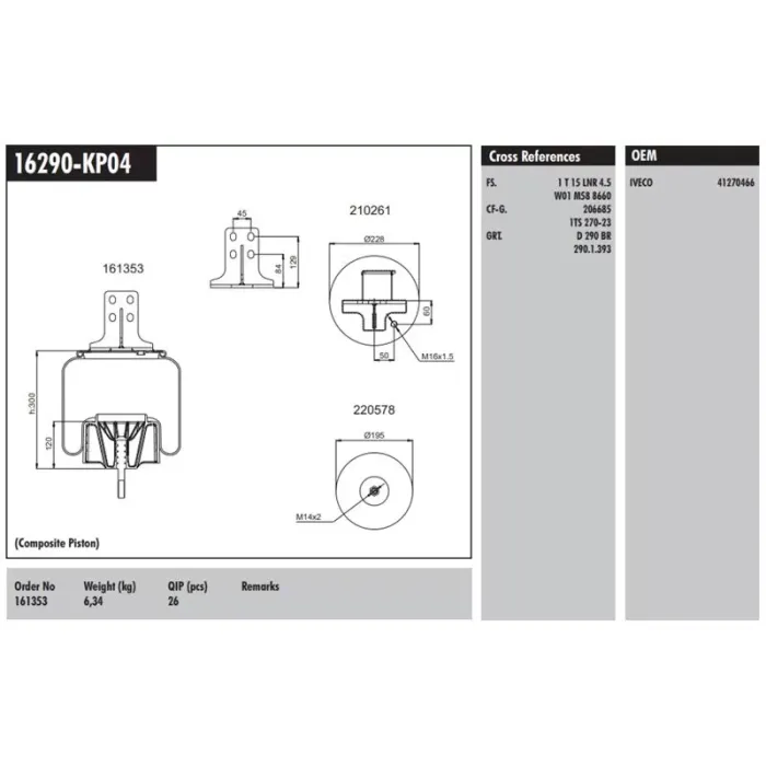 Komple Plastik Piston - Iveco / Stralis 400 / Eurotech 440E Fp / P4X2 Arka Sag | CONNECT MD 16290-KP04 | OEM 41270466