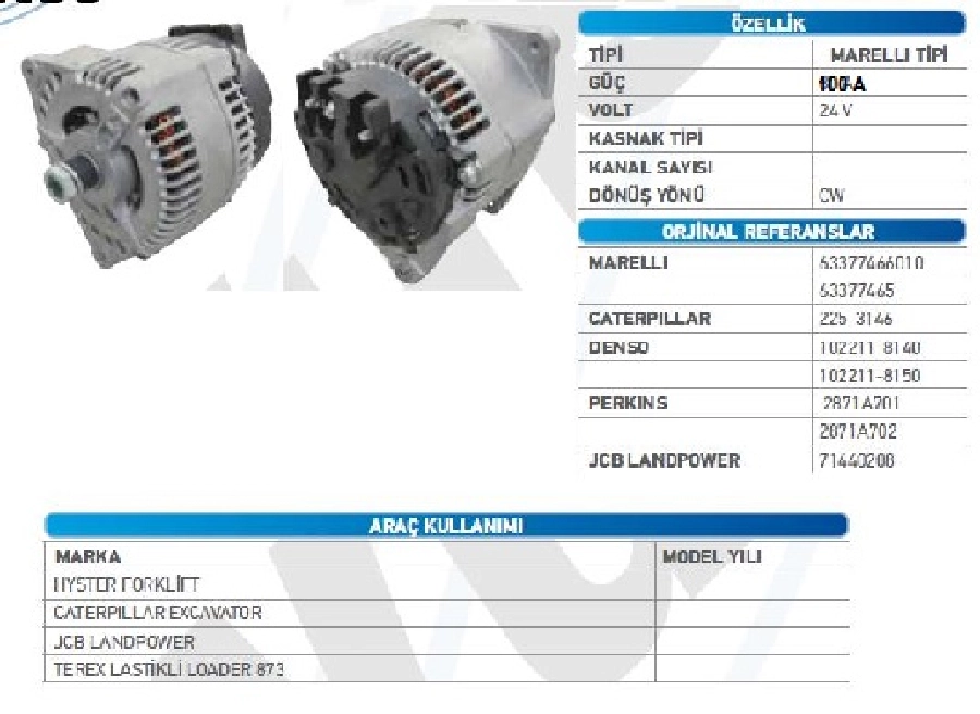 Alternatör Marelli 24V 100A Hyster Forklift Caterpillar Excavator-Jcb Landpower | OEM ALT469