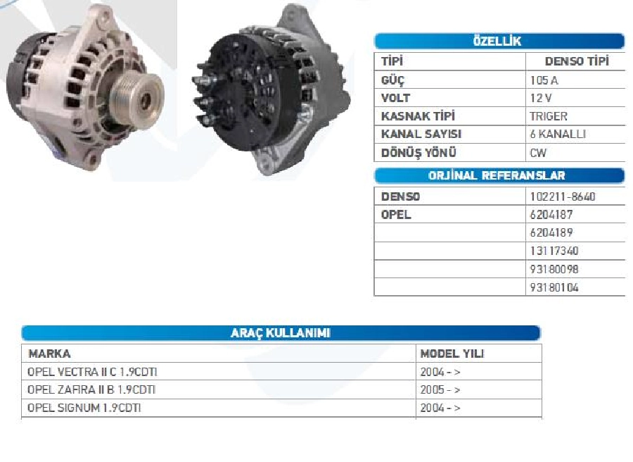 Alternatör 12V 105A N Denso Tipi DİNAMO1 Doblo 1,9 JTD 05 -, Vectra C 1,9CDTİ 2004-2008, Signum, Astra H, Zaf | OEM WUT.1101.0129