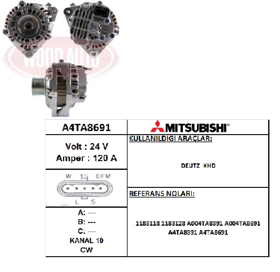 Alternatör Mitsubishi. 24V 120A Volvo FH16, Deutz 2007 Doruk-Khd-Magirus-Otokar-Renault-Volvo | OEM A4TA8691