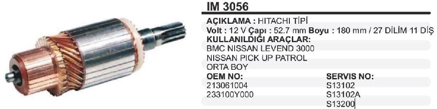 Kollektörü 12V BMC Levent 3.0TD Kısa Tip Wut Am 6032 2130-61004, , IM3056, 213091002, AM6010 (Rulmanlı) | OEM WUT.1110.0044