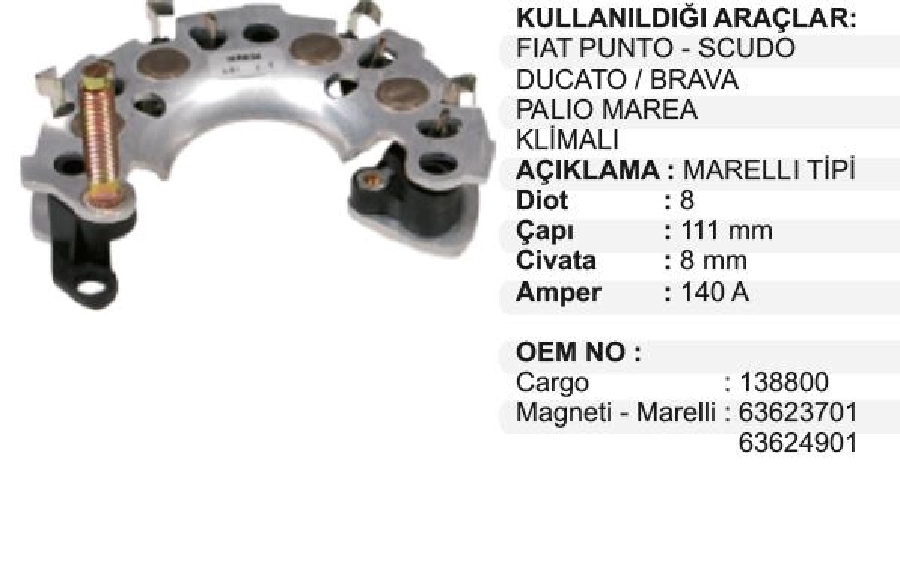 Diyot Tablası Marelli Tip 111mm Fiat Palio, Brava, Palio, Land Rover (Klimalı) | OEM RI19H