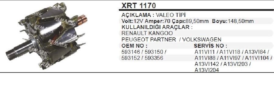 Rotor Valeo 12V 70A Partner, Clio, Megane 2 Kango, VW ( Çapı 90mm Boyu 150mm ) | OEM XRT1170