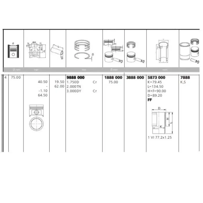 Motor Piston Segman Gomlek Takim P205 P106 P206 Ax Bx C15 P405 II P309 P205 II Partner Berlingo TU3JP (1,4 8V) P207 P206+ (T3E) Plus Nemo Bipper Fiorino Qubo TU3AES (1,4 8V) / (BOY:64MM TEPE:1,10 Cukur) / (75,00) | YENMAK 7888-STD | OEM 0114W7