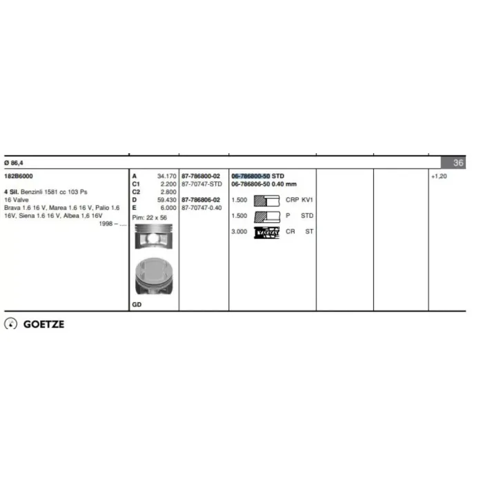 Motor Segmani Palio Siena Marea Brava 1,6 16V (86,40mm) / (Std) (1,50*1,50*3,00) | GOETZE 67868005G | OEM 71718102