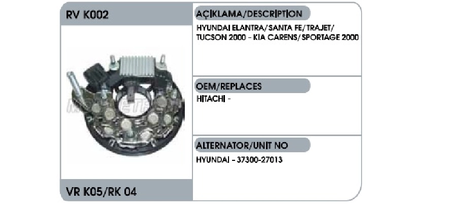 Diyot + Konjektör 12V Mando Tipi 120A 8 Diyot ÇAP:123 CİVATA:8mm Kia Sportage 2.0 CRDI 2005 ve sonrası Ceed 2.0 20 | OEM RVK002