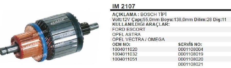 Marş Kollektörü Bosch Tip 12V Lada Vega Doblo 1.9D Opel Vectra Astra BMW 3.16,3.18,3.20,3.25,5.20 Volvo 2 | OEM IM2107