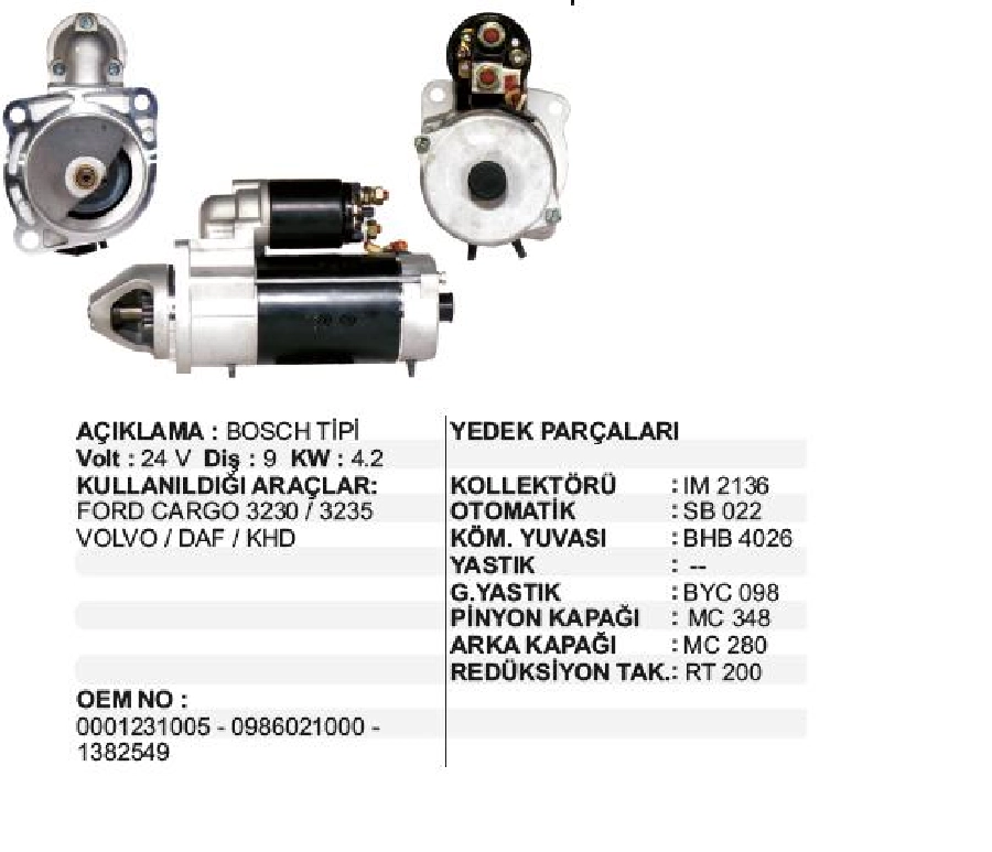 Marş Motoru 24V 9D 4,2 kW Bosch Tipi Ford Cargo kW (Ev, R) Ford 3226, 3227 Kırkayak, Khd (231 Seri) | OEM STR8043