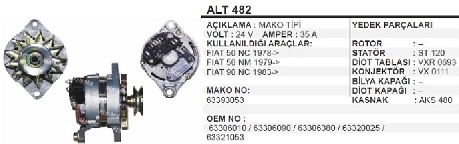 Alternatör 24V 35A Mako Tipi 50NC, 50NM, 90NC | OEM ALT482