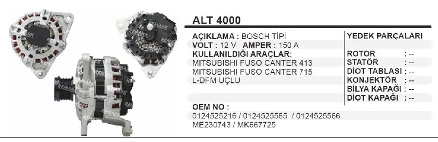 Alternatör 12V 150A Bosch T Mitsubishi Fuso Canter 413, 715 ALT5565 | OEM WUT.1101.0433
