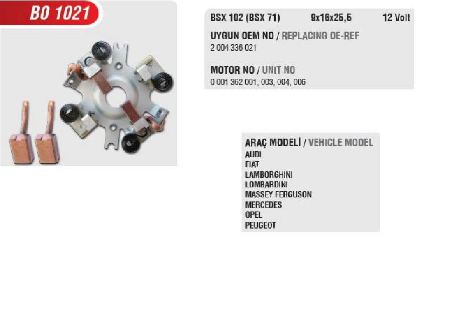 Marş Kömür Yuvası 12V Kb Tip -, Mf, J9, Fiat Traktör Allis (Uygun Kömür: (BSX71) BSX102) | OEM BO1021