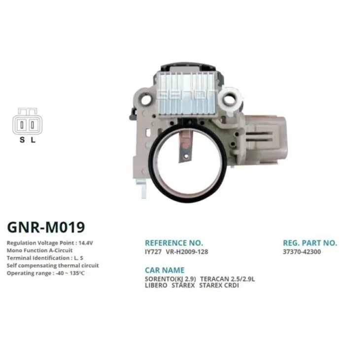 Alternator Konjektor 12V Hyundai Starex Crdi (Ters Fis) Yeni Model 110 Amp Alt. (L, S) | GENON GNR-M019 | OEM 37370-42300