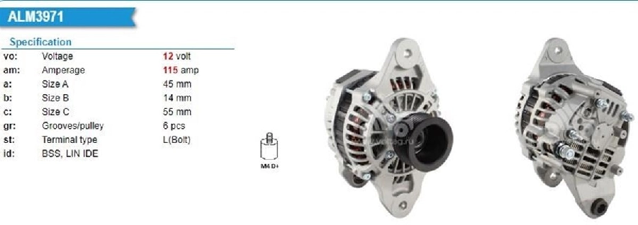 Alternatör 12V 115 Amp Mitsubishi Tipi Volvo Penta D4 Marin 6 Kanallı Kasnak 62mm Çapı ALT12745T ALT12745 | OEM WUT.1101.0460