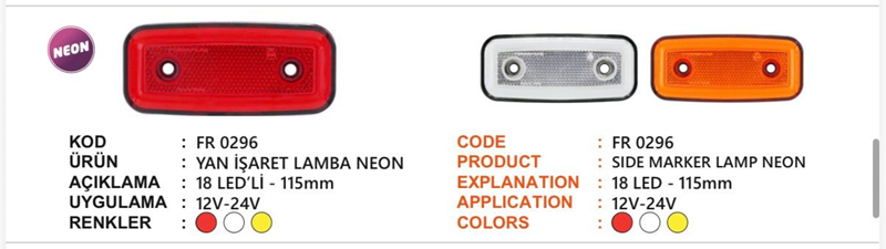 Fr Geniş İşaret Lamba Neon Kırmızı 12-24 Volt