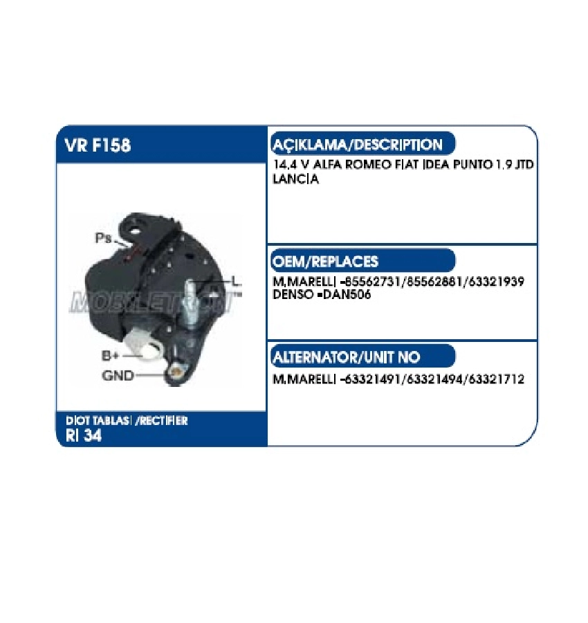 Konjektör Kömürlü 12V 85A-105A - 1.3MULTİJET, Fiat Palio-Siena-W Eekend-Doblo 1,9 JTD -Marea | OEM VRF158