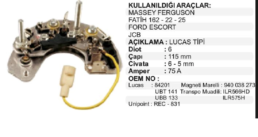 Diyot Tablası Lucas Tip BMC, Fatıh Kamyon, Mf, Ford Escort, Transit, Case | OEM RL01H
