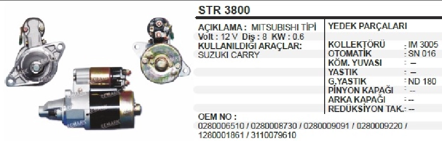 Marş Motoru 12V 8 Dış 0,6 kW Denso Tipi 028000-6730 Suzuki Carry Sk-410 (Geniş Govde) CCW Ters Dönü | OEM STR3800