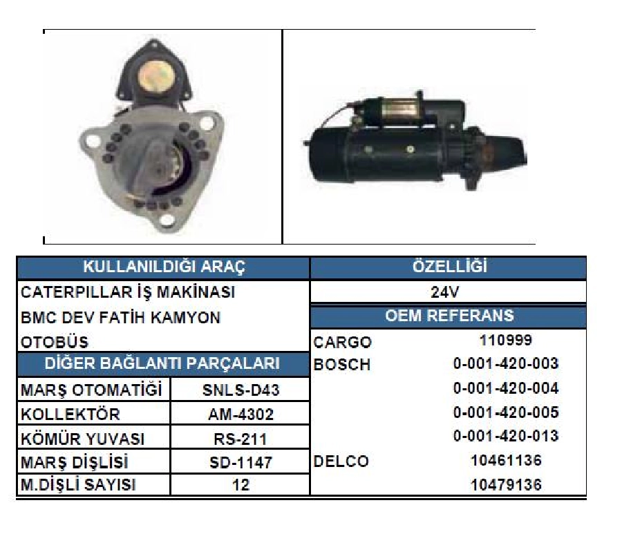 Marş Motoru 24V 12D 7,6 kW Delco Tipi 42MT BMC Prof Dev Fatih Kamyon, Caterpillar İş Makinasi, Cummins | OEM LES0313