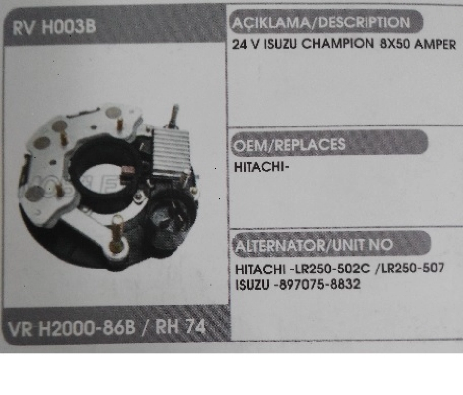 Konjektör + Diyot Tablası Set - 24V 60AMP Isuzu Champion Npr 66 Diyot + Konjektör Seti | OEM RVH003B