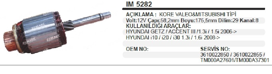 Marş Kollektörü 12V Kore Valeo Tipi BOY:175,5 Dilim:29 Kanal 8 Hyundai Era Manuel ve Otomatik Vites Orjin | OEM IM5282