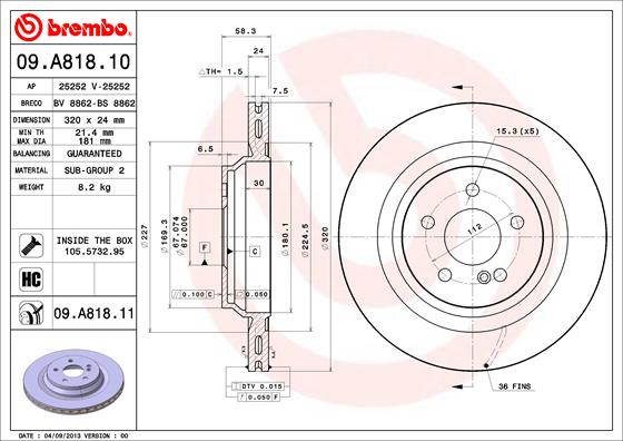 Fren Diski Arka (Amg Spor Tip, Kod: 950/951) W221 05>13 C216 06>13 W222 13>17 R230 06>12 | BREMBO 09A81811 | OEM A2214231012