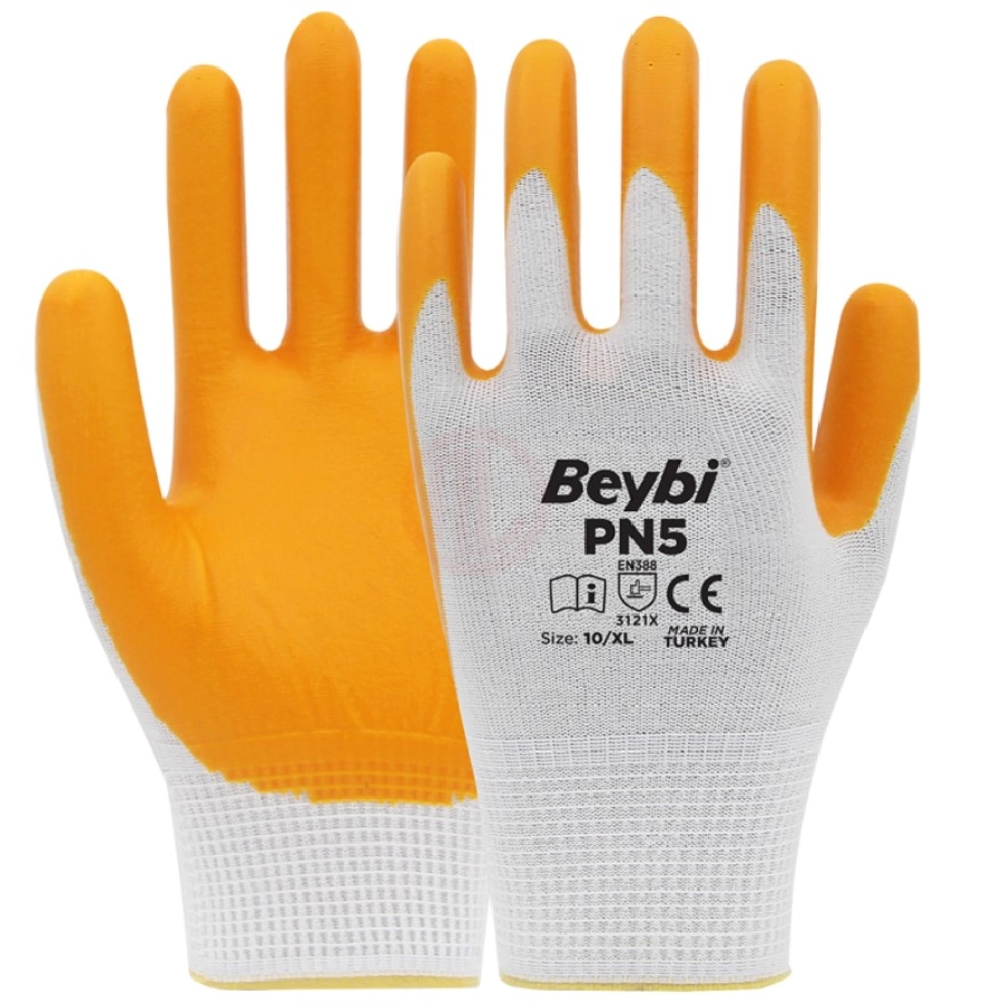Polyester Örme Nitril İş Eldiveni (2 Adet) PN5 Beyaz-Sarı | OEM PN5 BEYAZ-SARI