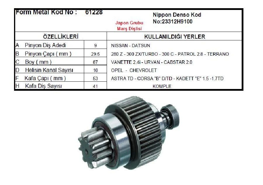 Marş Dişlisi 9D Hitachi Tipi - Astra-Vectra, Nissan Vanetta Patrol 2,8 Terrano | OEM 61228