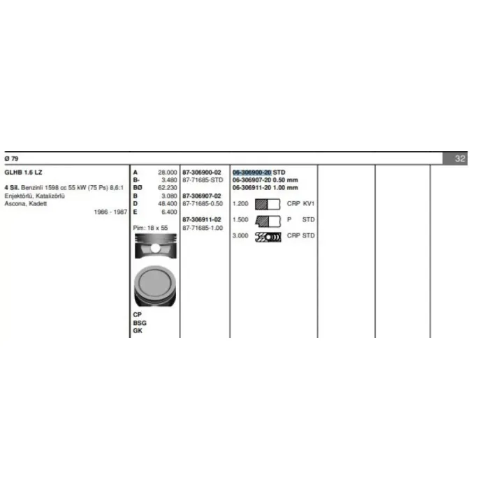 Segman Takimi 16SV C16NZ Astra F Vectra A (79,00MM) Std | GOETZE 63069002G | OEM 630091