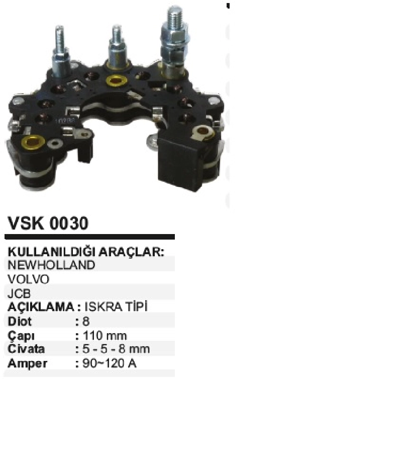 Diyot Tablası Iskra Tip - Volvo, Erkunt Traktör, Servet 80T, Lada, New-Holland, Jcb (Devır Saat Cıkıslı | OEM VSK0030