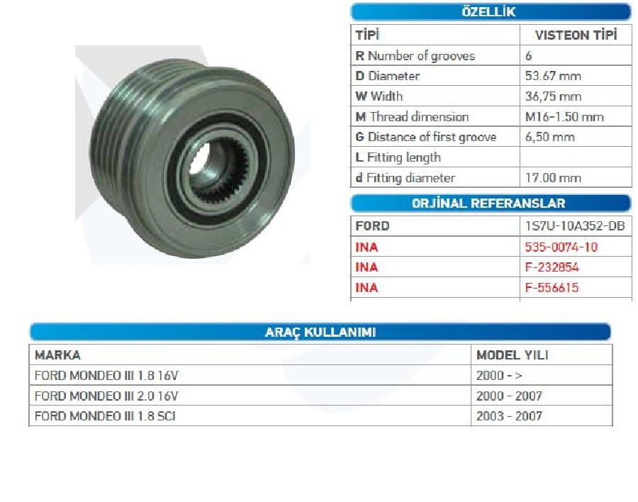 Alternatör Kasnak Bilyalı - Ford Mondeo 3 1,8İ 16V - 2000İ 16V 115A Visteon Wut 1102.0023 KSN2282 | OEM WUT.1102.0023