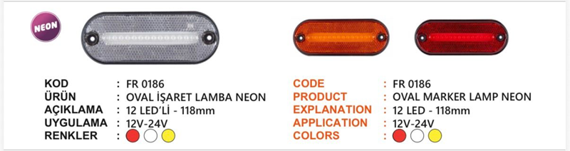 Fr Neon Lamba Ovel Sarıfr Neon Yan İşraret Lamba Oval 12 Ledli Sarı 12-24 Volt