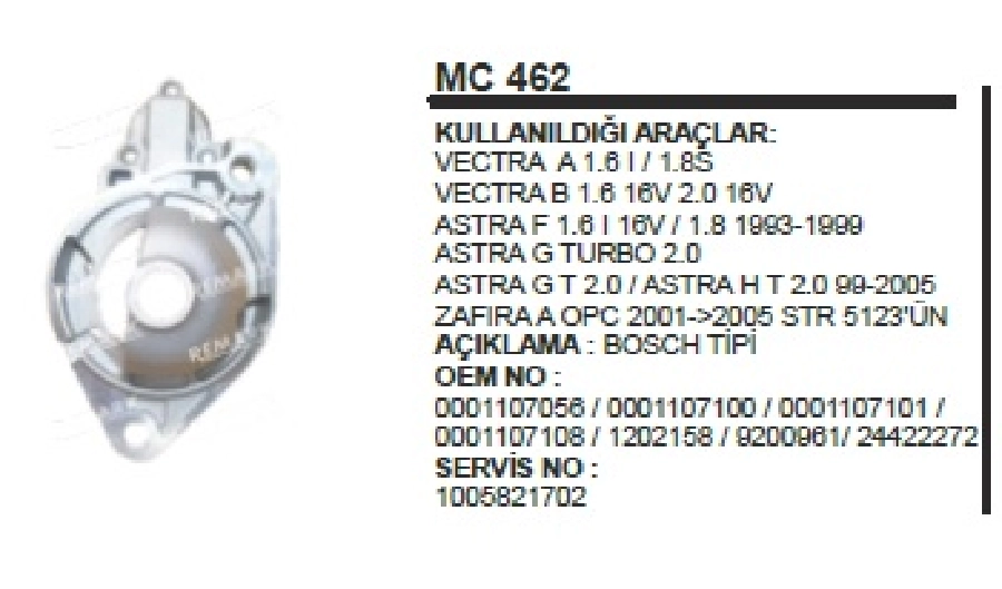 Marş Ön Kap. - Bosch Tipi Vectra A-B, Astra F-G Turbo 2.0 Astra H Zafira -A Kapak STR5123 Ün | OEM MC462